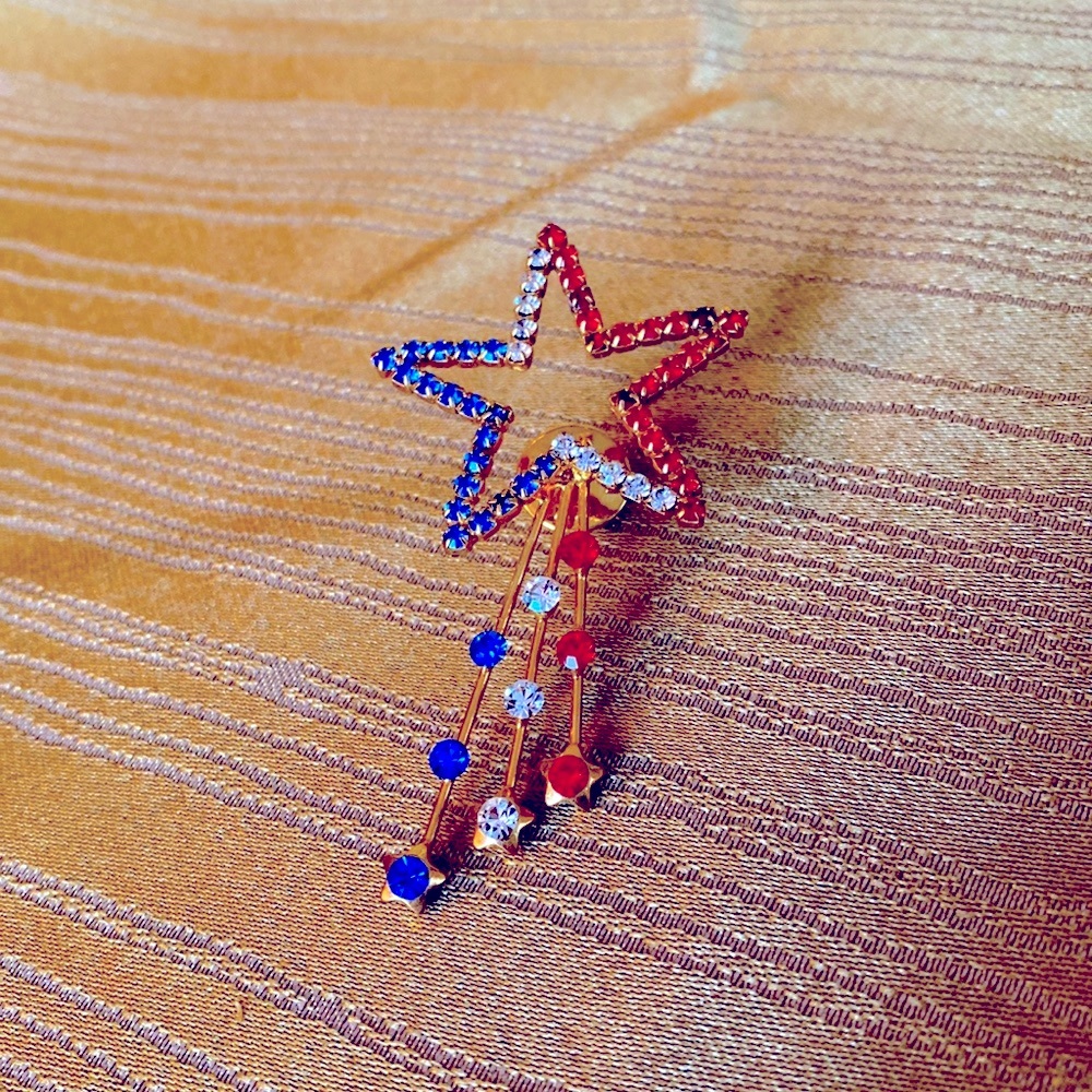 Red, White, & Blue Rhinestone Pin Brooch with cascading sparkles